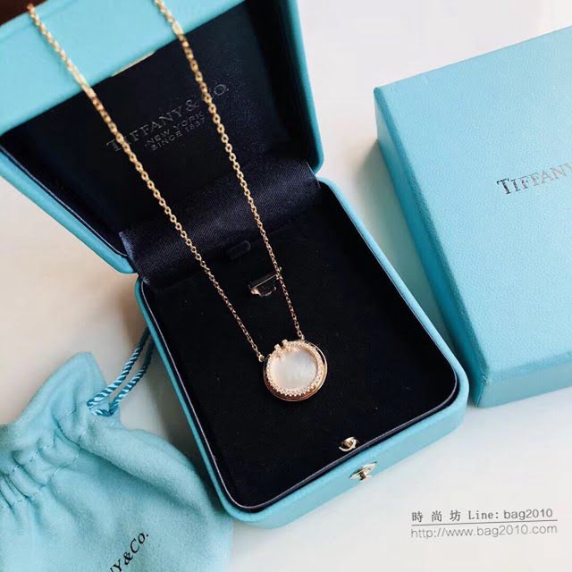 Tiffany純銀飾品 蒂芙尼女士專櫃爆款T Two玫瑰金鑲嵌珍珠母貝圓圈項鏈 Tiffany純銀鎖骨鏈  zgt1742